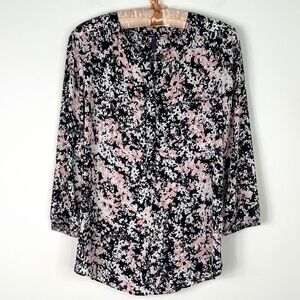 NYJD, Size: S, Pink/Black/white, Floral Motif, Silky and Loose Style Blouse 👚